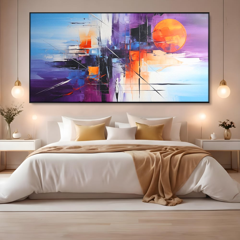 Tablou canvas cu pictura abstracta cu soare portocaliu, in rama de aluminiu negru, pe perete intr-un dormitor